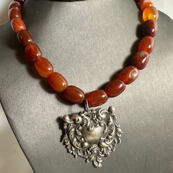 Genuine Carnelian Victorian Silver Pendant Gemstone Choker Goth Necklace Gift - Picture 2 of 7
